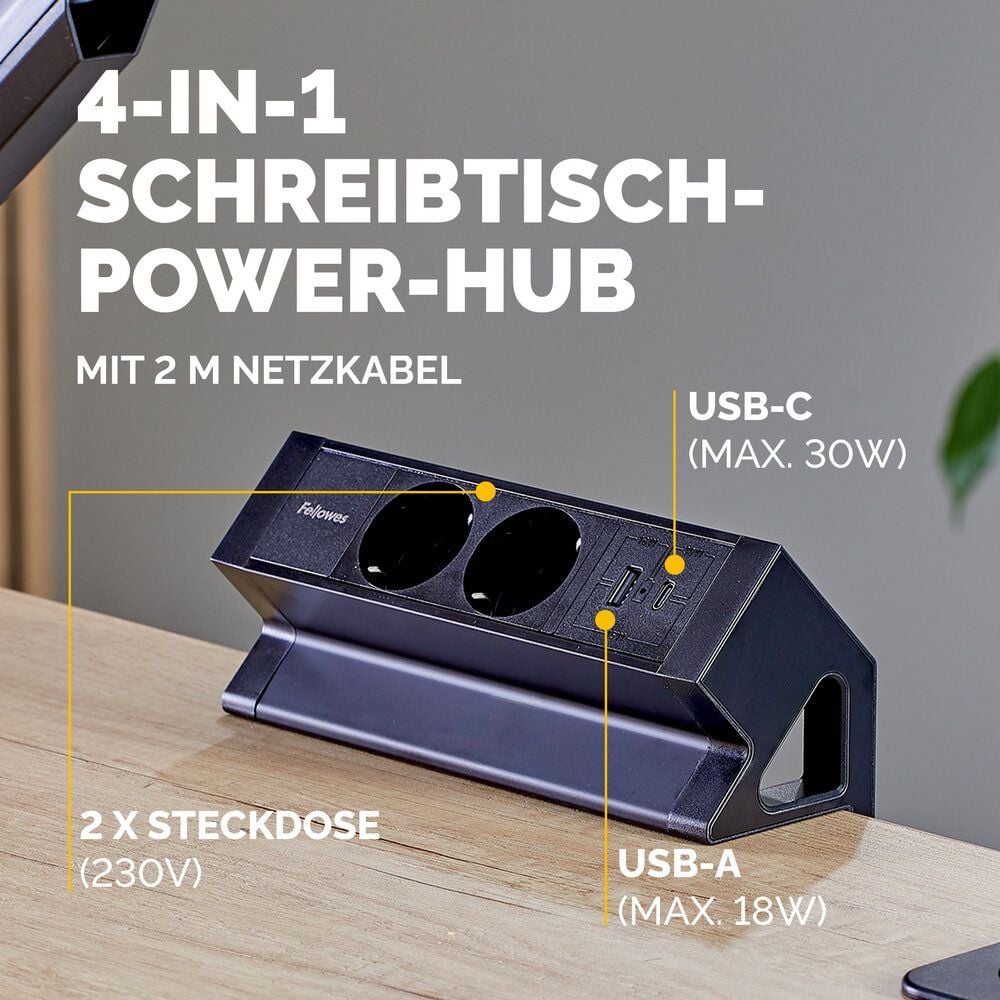 Tischsteckdosenleiste Fellowes Power Desk 2 Type F 2-fach, Tischklemme, 2x Steckdosen (230V), 1x USB-A, 1x USB-C, Kabellänge 2m, schwarz