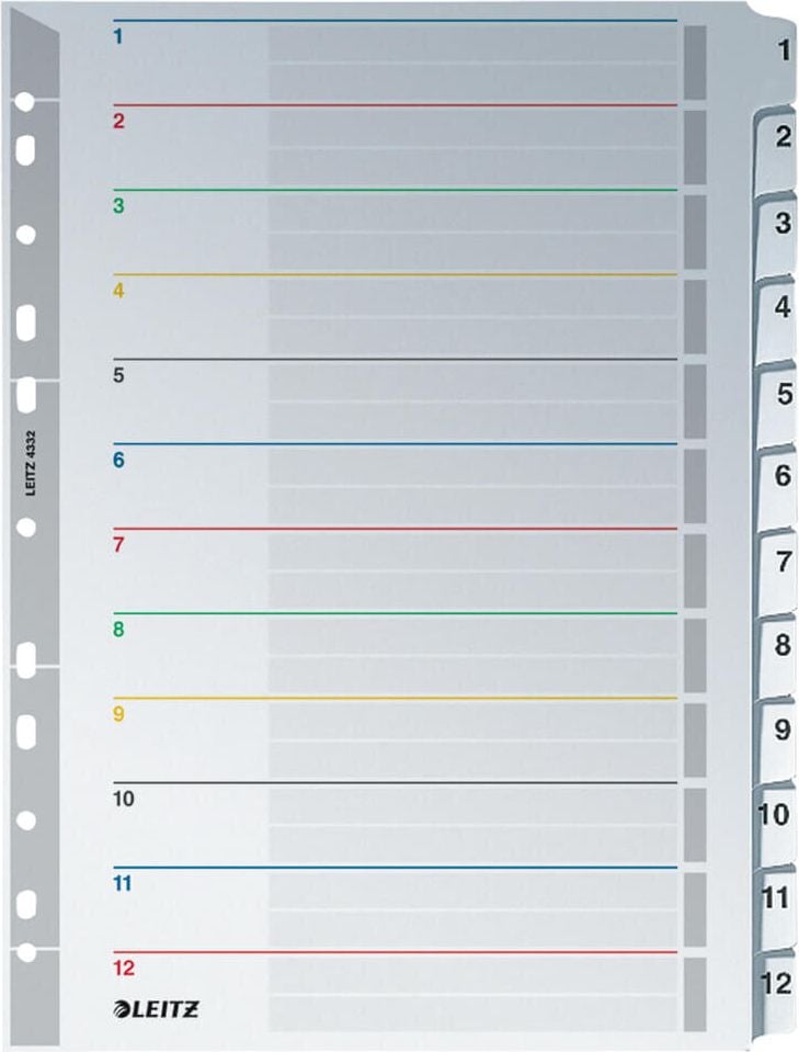 Kartonregister Leitz A4 Überbreite 1-12 4332, A4 Überbreite, 1-12, 12-teilig, Karton
160g/m², grau, Pack 10 Stück, grau
