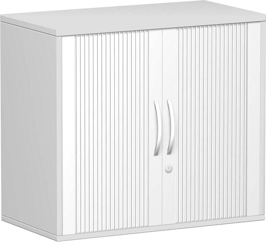 Aktenschrank Geramöbel Flex S-381110, 80x72x42,5cm (BxHxT), 2 Querrollläden, 1
Fachboden, 2 Ordnerhöhen, Bogengriff,
abschließbar, hellgrau
