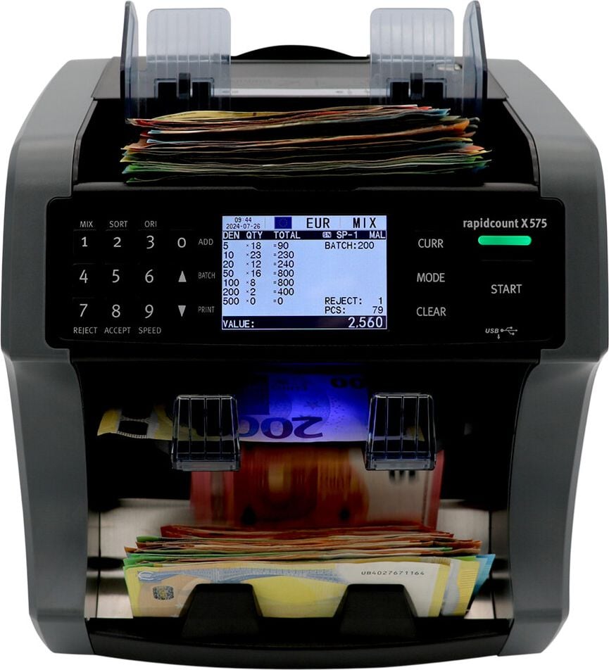 Geldscheinzähler Ratiotec rapidcount X 575, 6-fache Falschgelderkennung, zählt 1.000 Scheine/Minute, grau