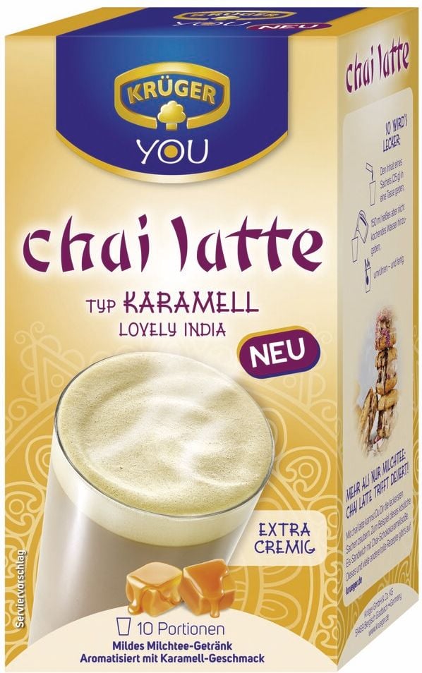 Chai Latte KRÜGER YOU Karamell, 10 Portionen à 25g, 250g, Milchtee-Getränk mit zart-cremigem Karamell