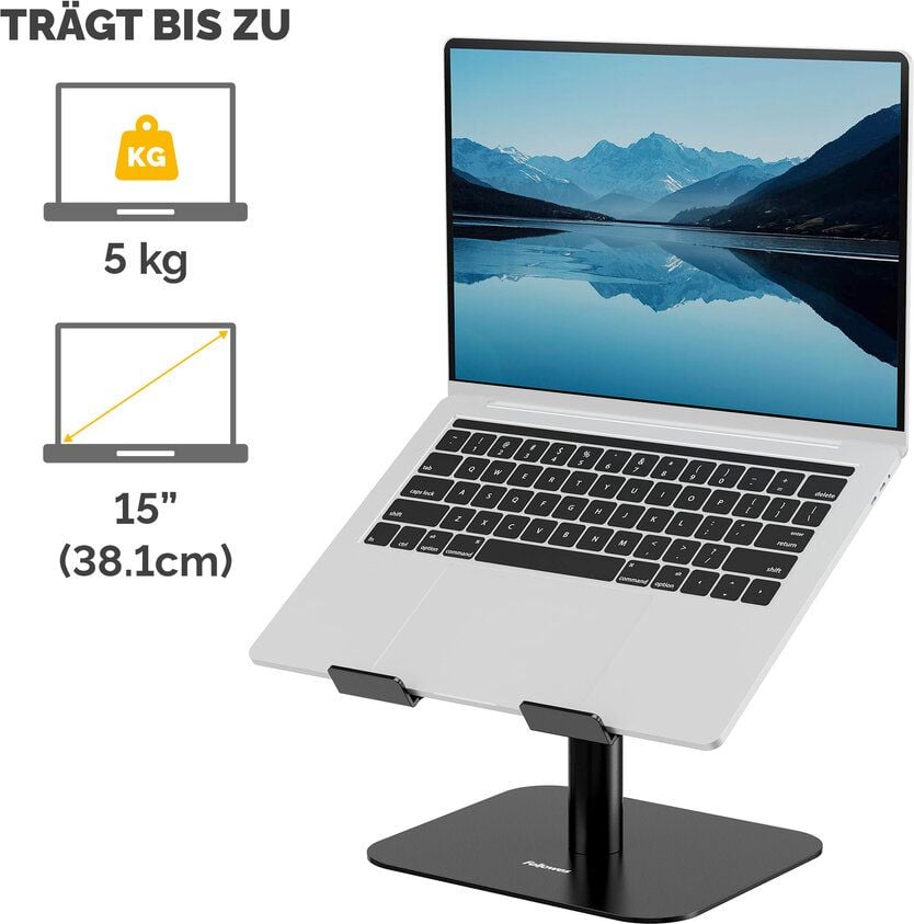 Notebookständer Fellowes Alumia, bis 15 Zoll Notebooks, 15-30cm höhenverstellbar,
neigungsverstellbare Plattform, 96% recyceltes Material, Aluminium, schwarz