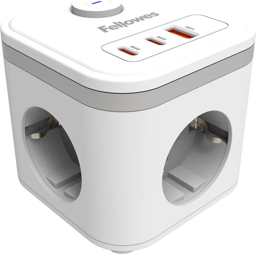 Steckdosenwürfel Fellowes Power Cube Type F, 3x Steckdosen, 1x USB-A, 2x USB-C, Kabellänge
2m, Ein-/Ausschalter, weiß