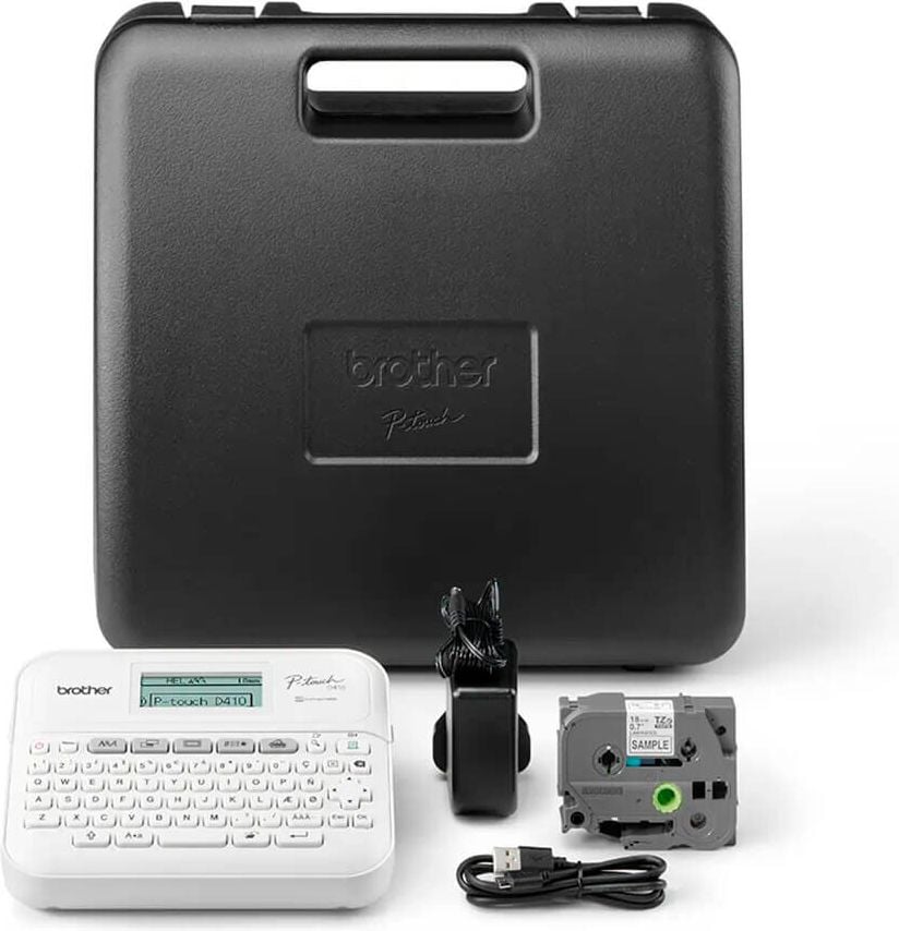 Brother Beschriftungsgerät P-touch D410VP, für TZe-Schriftbänder 3,5-18mm, QWERTZ-Tastatur, LC-Display, inkl. Schriftband, USB-Kabel, Netzadapter, Hartschalenkoffer