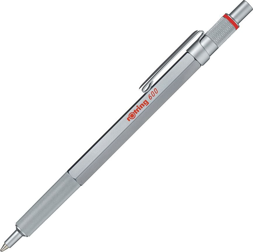Kugelschreiber Rotring 600 2032577/2032578, Mehrweg, Strichbreite M ca. 0,7mm,
Druckmechanik, Schreibfarbe schwarz, silber