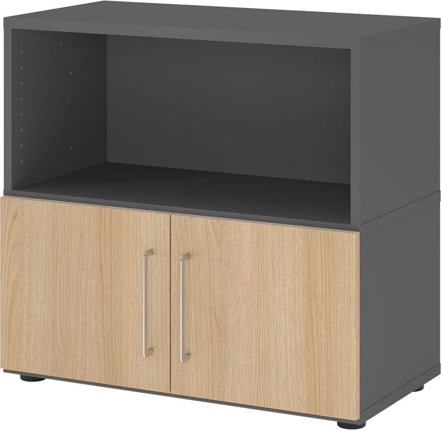 Regal Hammerbacher VFW28T1KG/G mit Türen, Threespine-Klicksystem, 80 x 41,7 x 74,6 cm
(B x T x H), mit Stellfüßen, 2 Ordnerhöhen,
Korpus: graphit, eiche