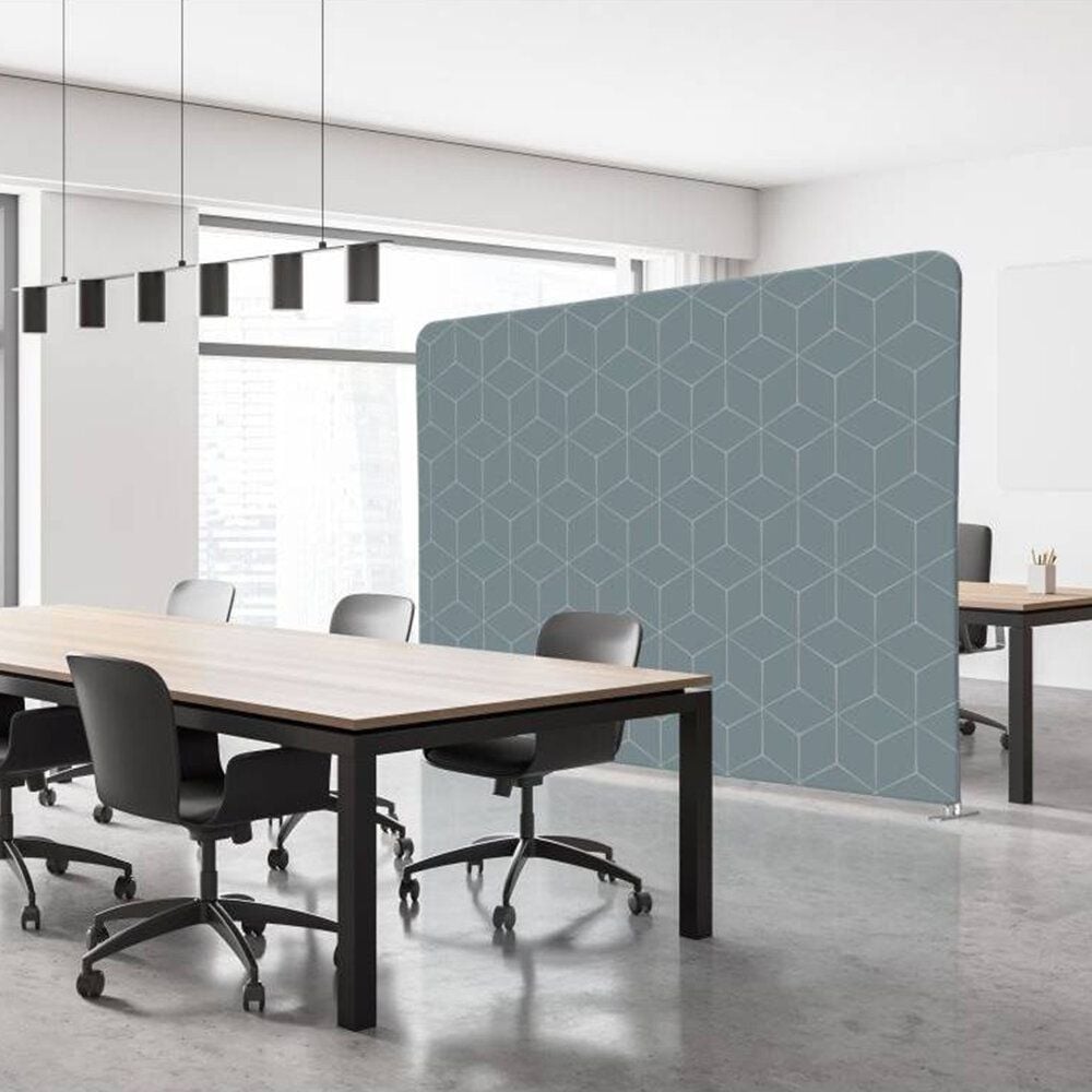 Stellwand Showdown Displays Raumteiler 200-250 Hexagon, 100x200cm, Zipper-Banner Slim mit beidseitigem Textildruckdesign, 100% Polyester, B1 feuerfest, Standfüße, grau