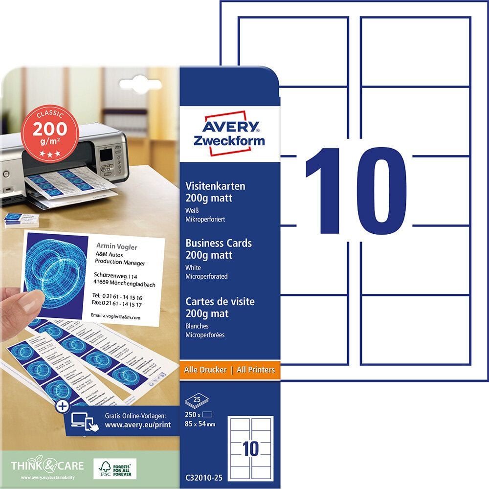 Visitenkarten Zweckform C32010-25, 85x54mm, weiß 200 g/m², beidseitig matt, Pack
25 Blatt/250 Stück