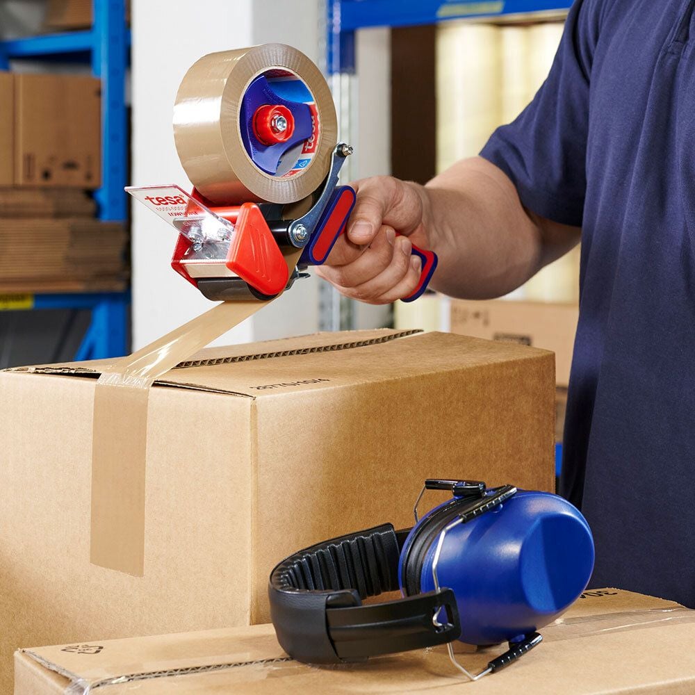 Packbandabroller Tesa Low Noise 06500-00000-00, Handabroller, bis 50mm/132m, ohne Rolle, rot/blau