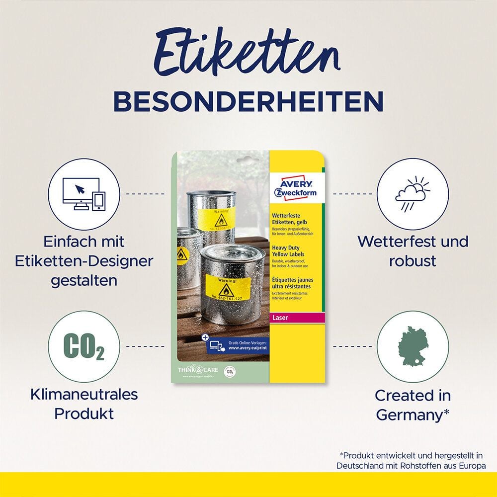 Folienetiketten Zweckform L6111-20, 210,0x297,0mm, wetterfest, auf A4, gelb, Pack
20 Blatt/20 Stück