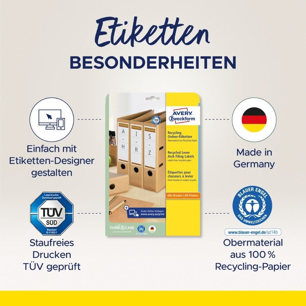 Rückenschilder Zweckform LR4760-25 Recycling, schmal/kurz, 192x38mm, auf A4, naturweiß, Pack 30 Blatt/210 Stück