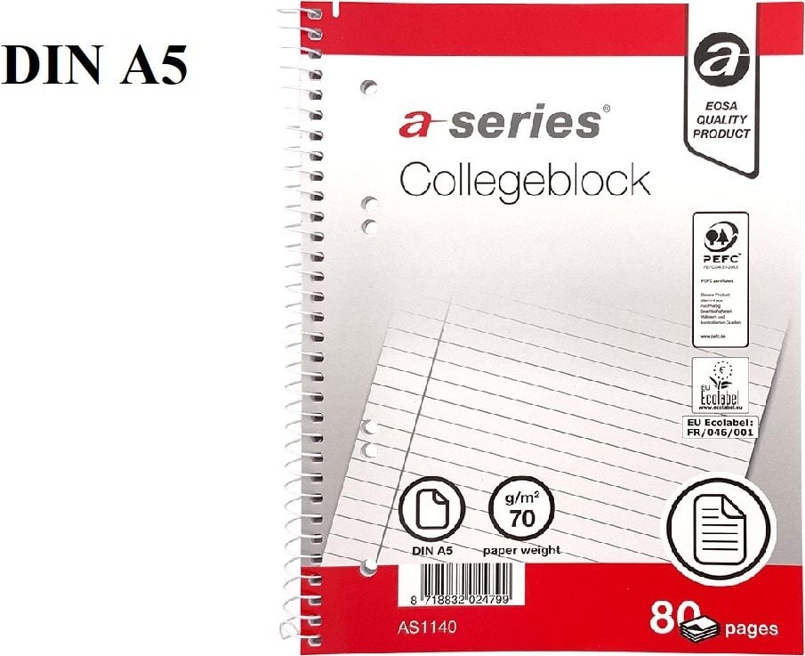 Collegeblock a-series DIN A5 AS1140, liniert, holzfrei, Randlinie innen, 2-fach
gelocht, Block 80 Blatt
