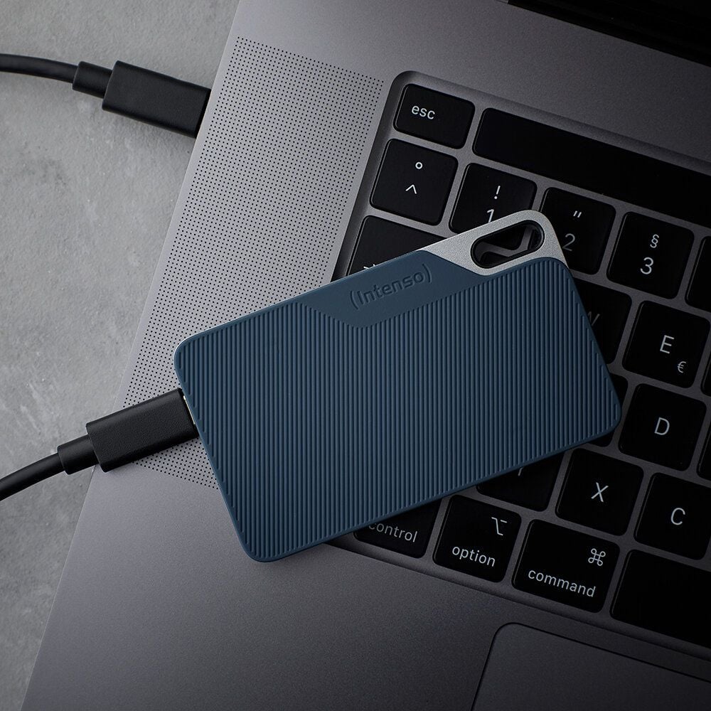 Externe Festplatte SSD Intenso TX100 1 TB, 3826460, Super Speed USB 3.2 Gen 1x1, bis zu 500 MB/s,
USB-C, grau-blau