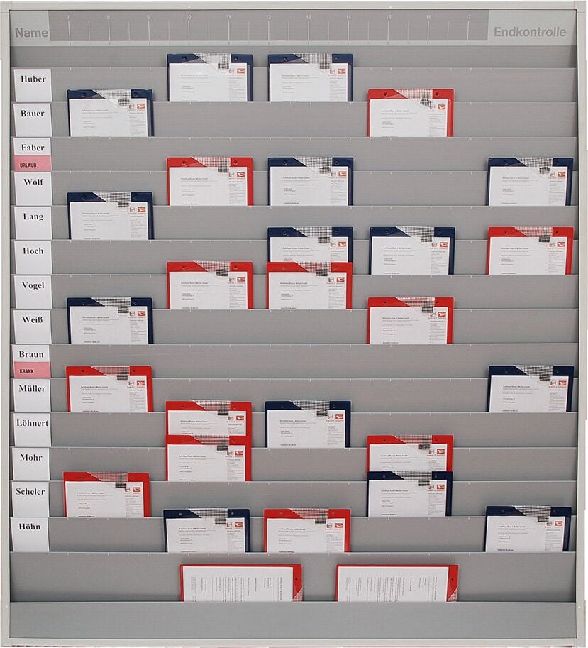 Werkstattplaner Eichner 9019-00590, für 75 x A4, 1580x1757x78mm (BxHxT), fünfreihig,
zusätzliches Ablagefach und Kopfleiste
(Zeitstrahl-Beschriftung), grau