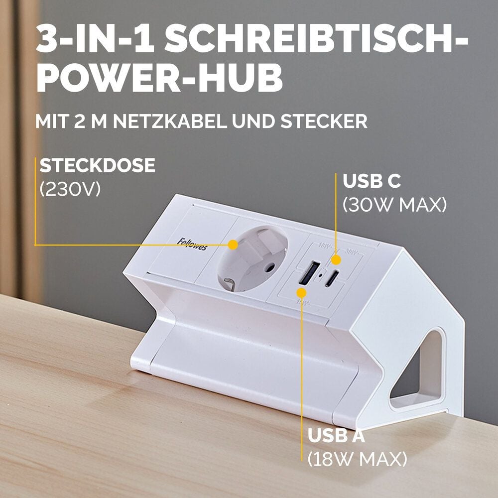 Tischsteckdosenleiste Fellowes Power Desk Type F 1fach+2 USB, Tischklemme, 1x Steckdose (230V), 1x USB-A, 1x USB-C, Kabellänge 2m, weiß