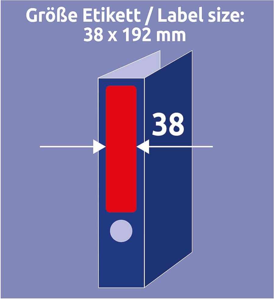 Rückenschilder Zweckform L4762-20 ultragrip, schmal/kurz, 192x38mm, auf A4, rot, Pack 20
Blatt/140 Stück