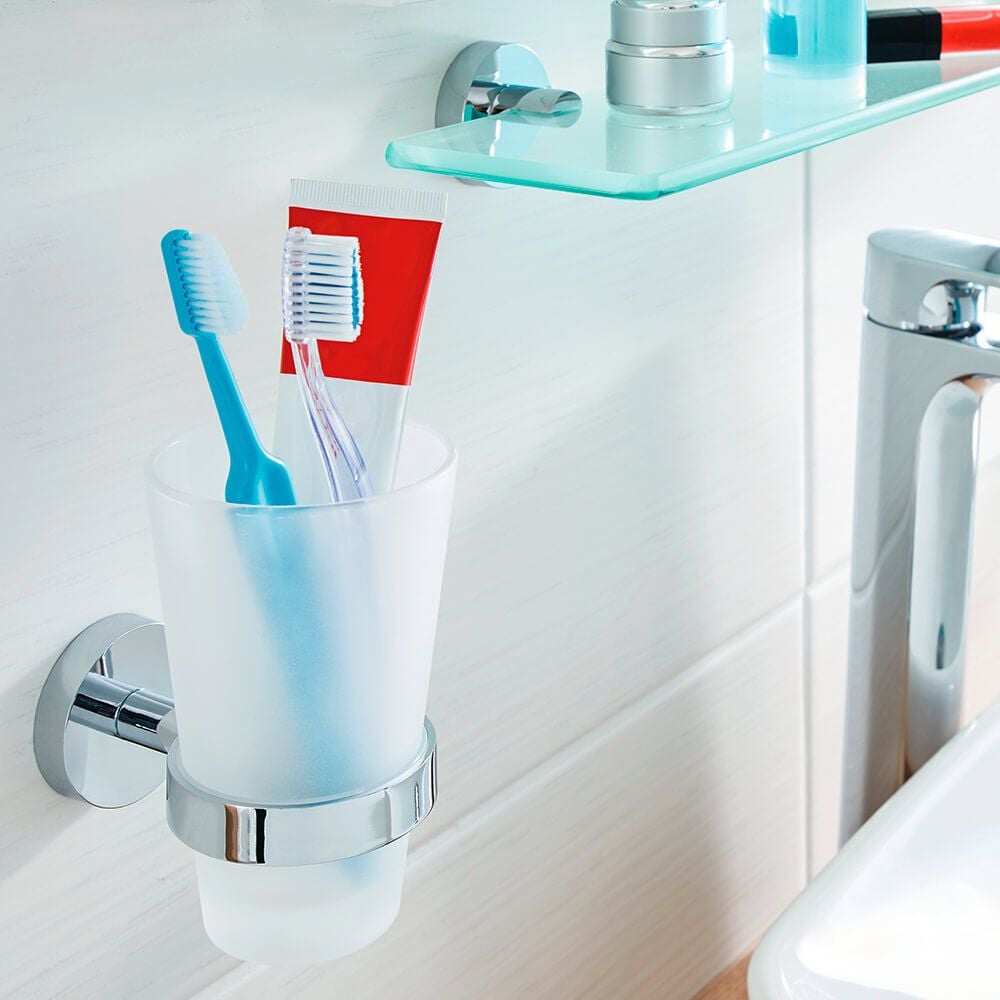 Zahnputzbecherhalter Tesa SMOOZ 40327-00000-00, Set: Halterung (hochglanzverchromtes Metall),
Becher (satiniertes Glas)