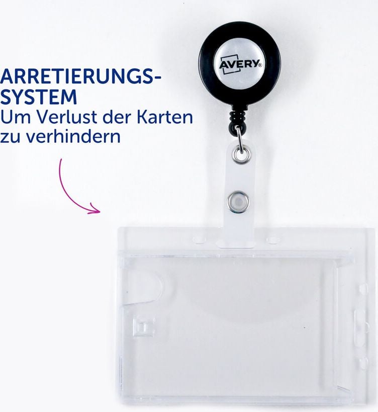 Ausweiskartenhüllen Avery Zweckform 4827, 54x90mm, für 2 Karten, transparent, mit Clip und Aufrollmechanismus, Pack 10 Stück