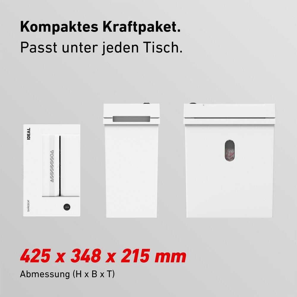 Aktenvernichter Ideal Shredcat 8200 CC P-5 82001111, 2x12mm Partikelschnitt, ca. 12-14 Blatt, 21 Liter Behälter, weiß
