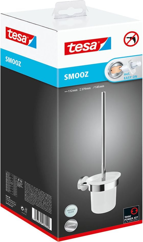 WC-Bürstengarnitur Tesa SMOOZ 40632-00000-00, Toilettenbürste mit Halterung und Glasbehälter, ohne Bohren, verchromtes Metall/satiniertes Glas
