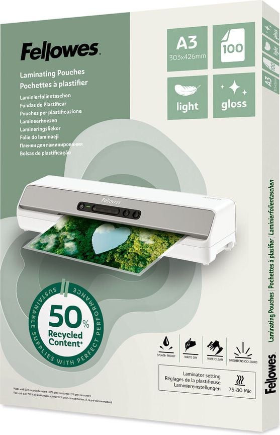 Laminierfolien Fellowes A3 POUCH 100142988, 303x426mm, 80mic, glänzend, 50% Recyclinganteil, Pack 100 Stück