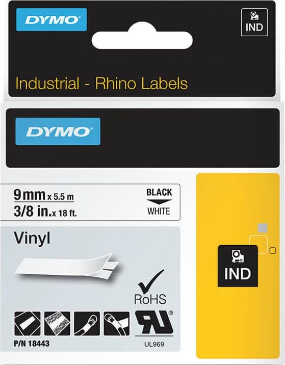 Schriftbänder Dymo RHINO Vinyl 18443/S0718580, schwarz auf weiß, 9mm/5,5m, Vinylband