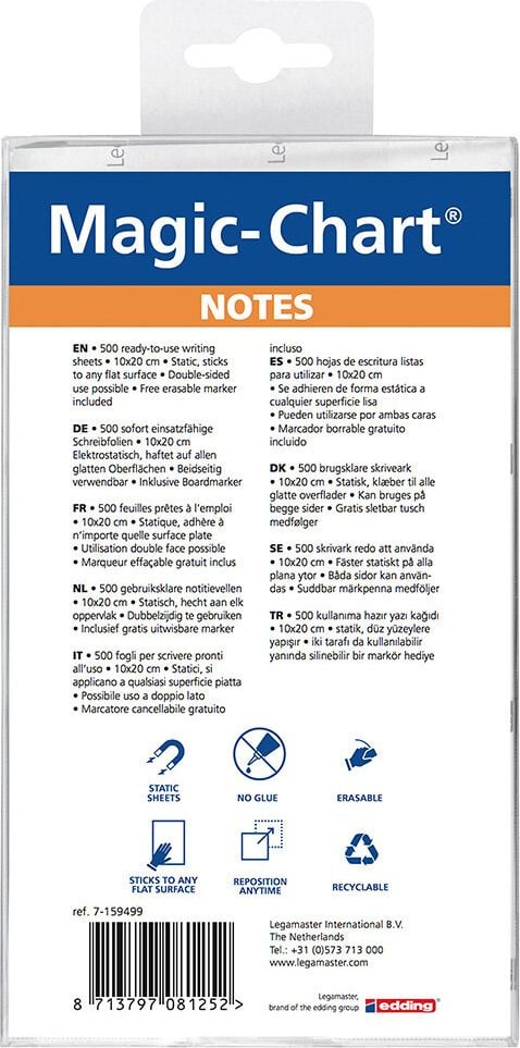 Moderationskarten Legamaster Magic-Chart Notes 7-159499, Rechtecke 10x20cm, haftfähig durch statische
Aufladung, sortiert, Packung 500 Stück