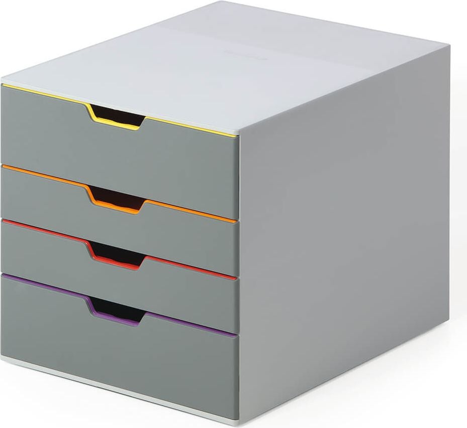 Schubladenbox Durable Varicolor 4 760427, für A4, 4 geschlossene Schubladen, ABS, Korpus grau, abgesetzte Farblinien