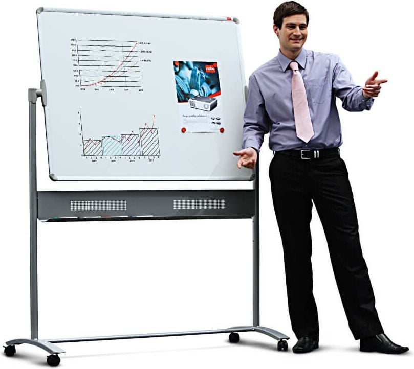 Whiteboard Nobo Prestige 1901033, 90x120cm, emailliert, trocken abwischbar,
Ablageschale, Stativ-Drehtafel mit Rollen