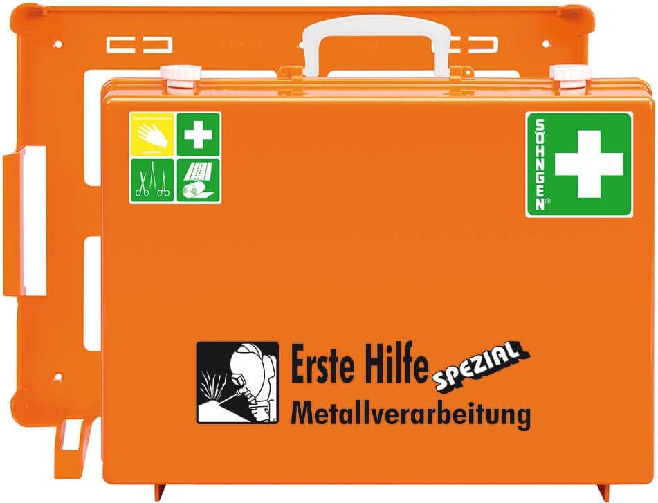 Erste Hilfe Koffer Söhngen MT-CD Metallverarbeitung 0360108, Füllung nach DIN 13157 + berufsrisikobezogene
Inhaltserweiterung, orange