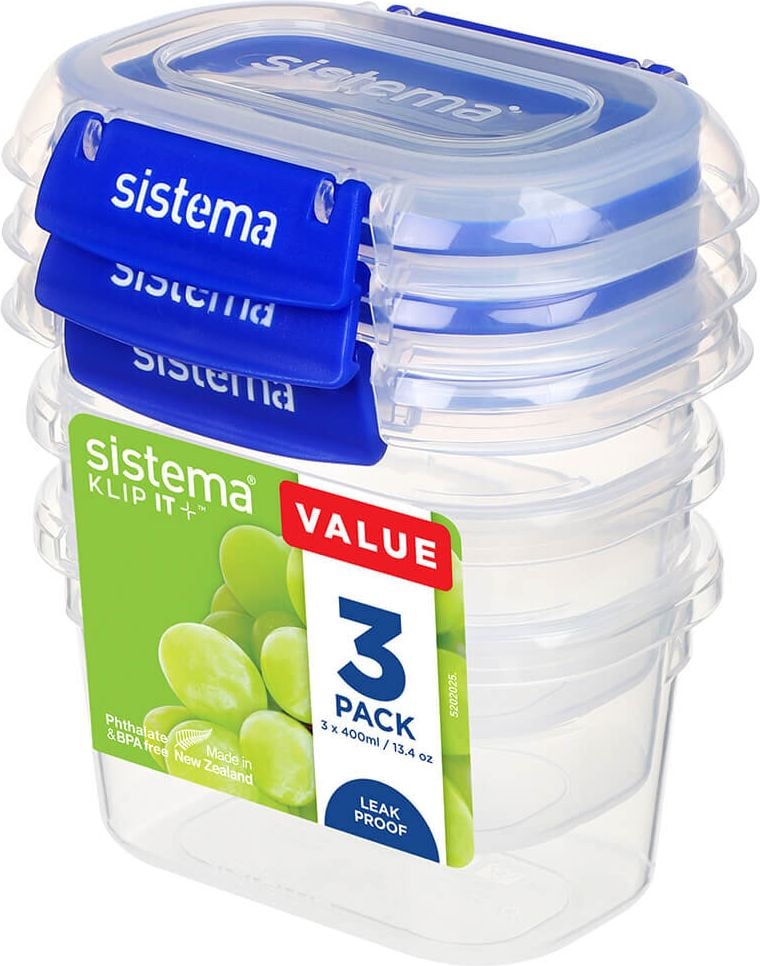 Frischhaltedosen Sistema KLIP IT PLUS 881543, 3er Set (je 400ml), BPA-freier Kunststoff,
Deckel mit 2-Klick-System, spülmaschinen-
geeignet, auslaufsicher, stapelbar