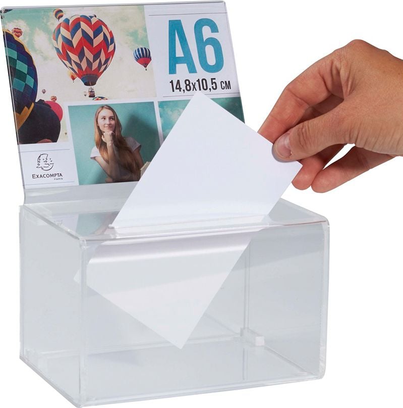 Aktionsboxen/Spendenboxen Exacompta 89358D, Einstecktafel für DIN A6 quer, Einwurfschlitz, Schloss, Acryl, transparent