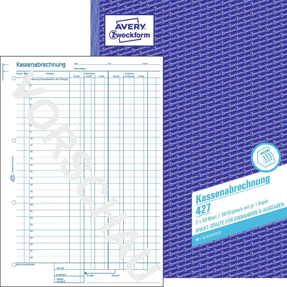 Kassenabrechnung Zweckform 427, DIN A4 hoch, MwSt-Spalte, Block 2x50 Blatt