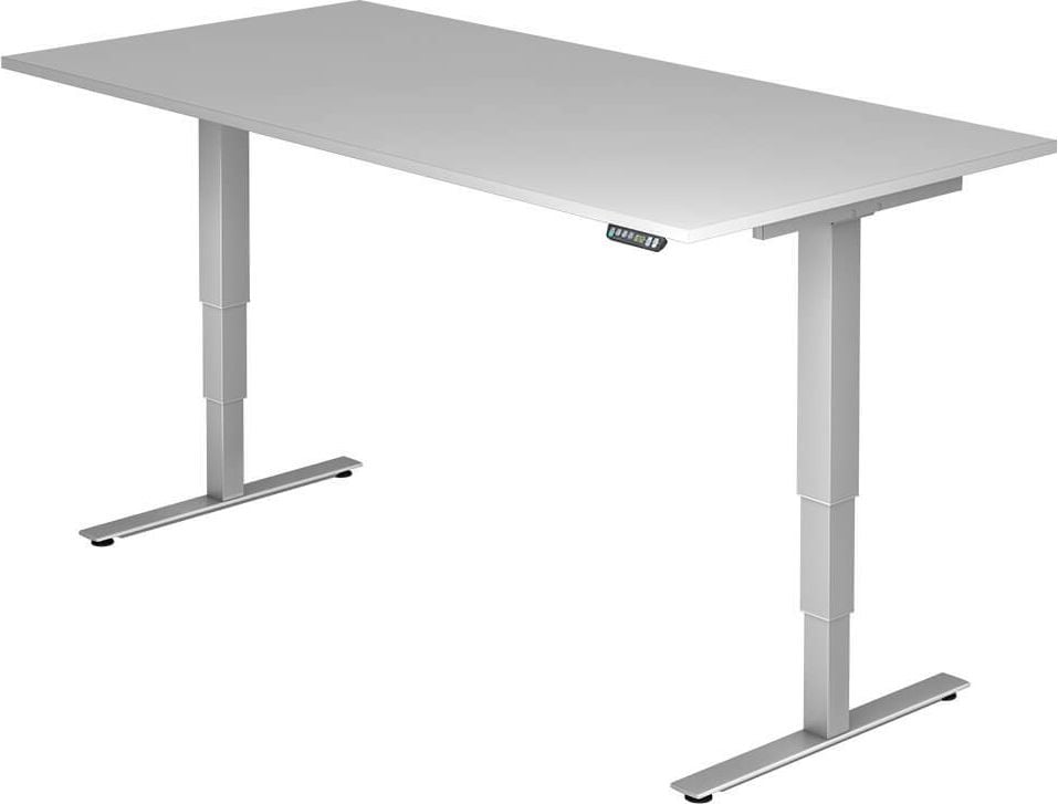 Hubschreibtisch Hammerbacher XDSM2E/x/S, 200x100cm (BxT), 63,5-128,5cm Höhe, rechteckig, T-Fuß silber, grau