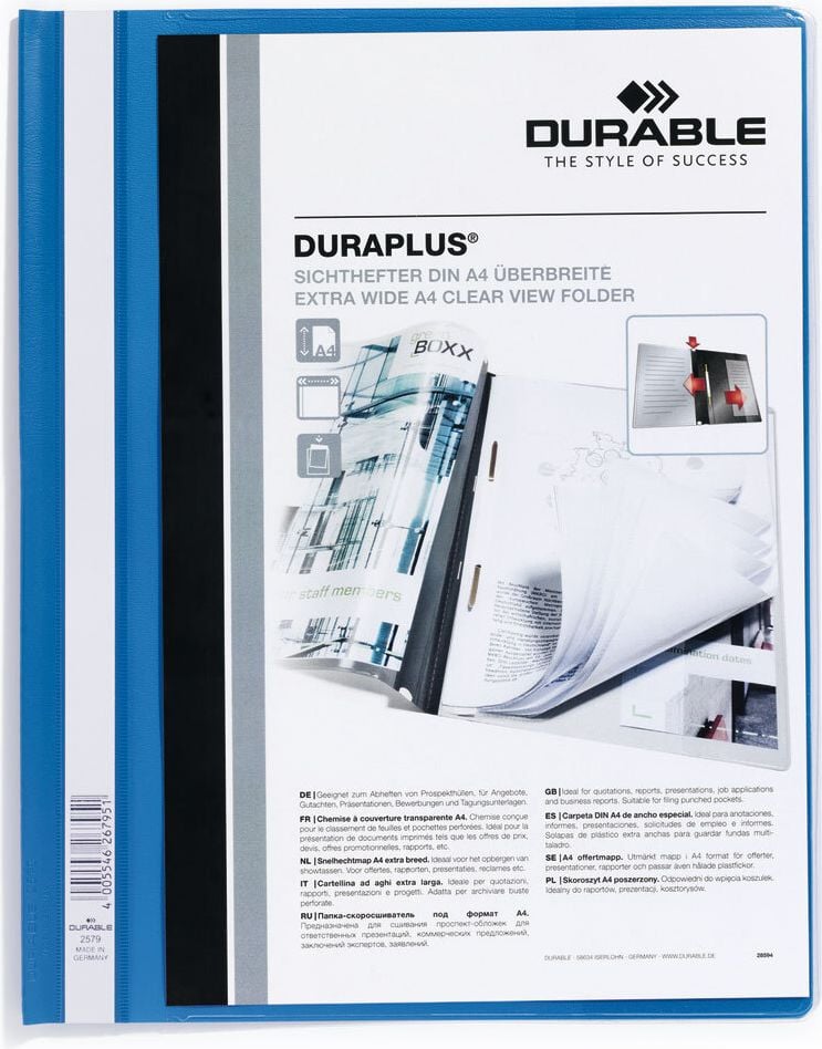 Schnellhefter Durable DURAPLUS A4 Überbreite 2579, Hartfolie, transparenter Vorderdeckel, 2
Innentaschen, blau