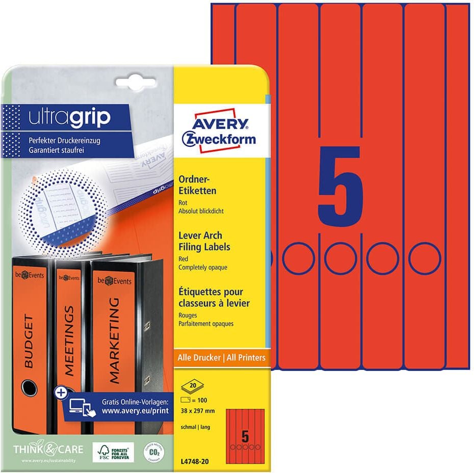 Rückenschilder Zweckform L4748-20 ultragrip, schmal/lang, 297x38mm, auf A4, rot, Pack 20
Blatt/100 Stück