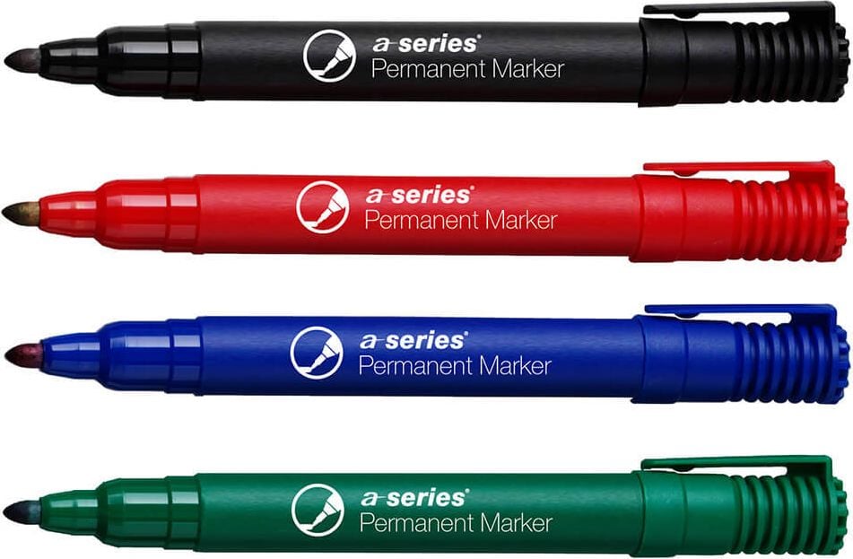 Permanentmarker a-series AS1096, ca. 2mm Strichstärke, Rundspitze, Kappe mit
Clip, geruchsarm, Etui mit 4 Farben