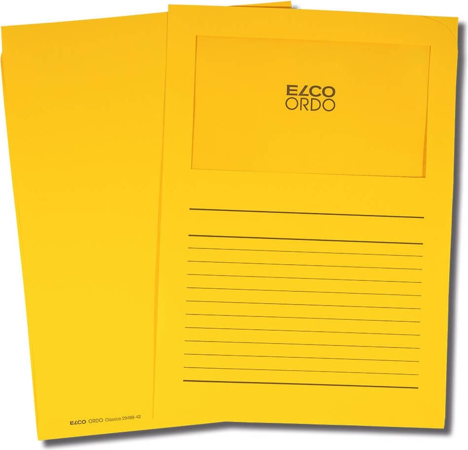Sichtmappen Elco Ordo classico Organisationsmappe 29489, A4, Karton 120 g/m², Sichtfenster,
Linienaufdruck, Pack 100 Stück, goldgelb