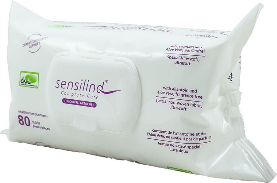 Feuchtpflegetücher Sensilind bodycare 08880050, alkohol- und parfümfrei,
wiederverschließbarer Pack mit 80 Tüchern