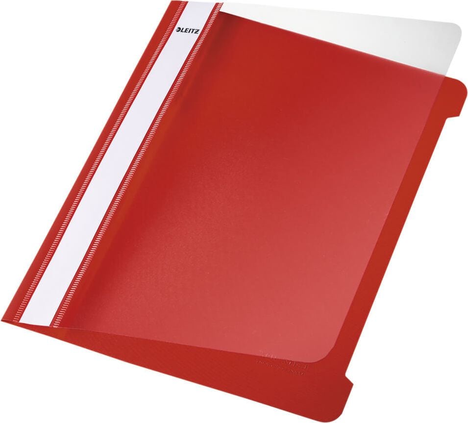 Schnellhefter Leitz Standard Plastik-Hefter A5 4197, PVC-Hartfolie, transparenter Vorderdeckel, rot