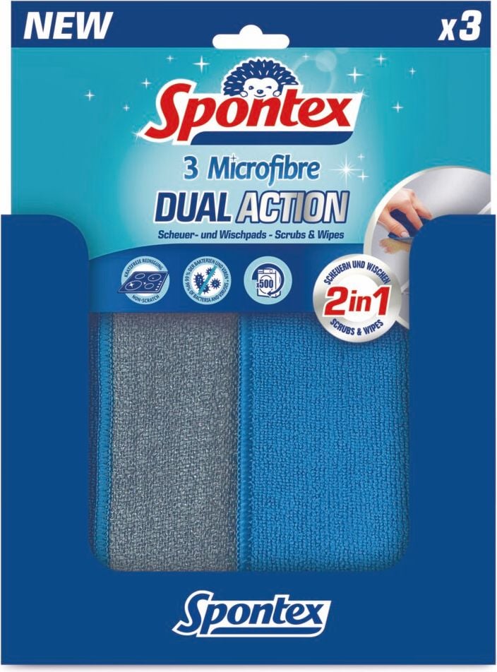 Microfasertücher Spontex Microfibre Dual Action 19700256, 20x25cm, 2in1 Mikrofasertuch für alle Oberflächen: effiziente Scheuerseite und saugstarke Wischseite, Pack 3 Stück