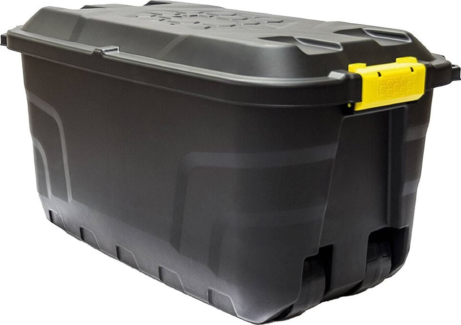 Aufbewahrungsboxen Fellowes Bankers Box 100143944, 75 Liter, Außenmaße: 420x770x400mm (BxTxH), 95% recycelter Kunststoff, Deckel, Spannverschlüsse, Rollen, schwarz, schwarz