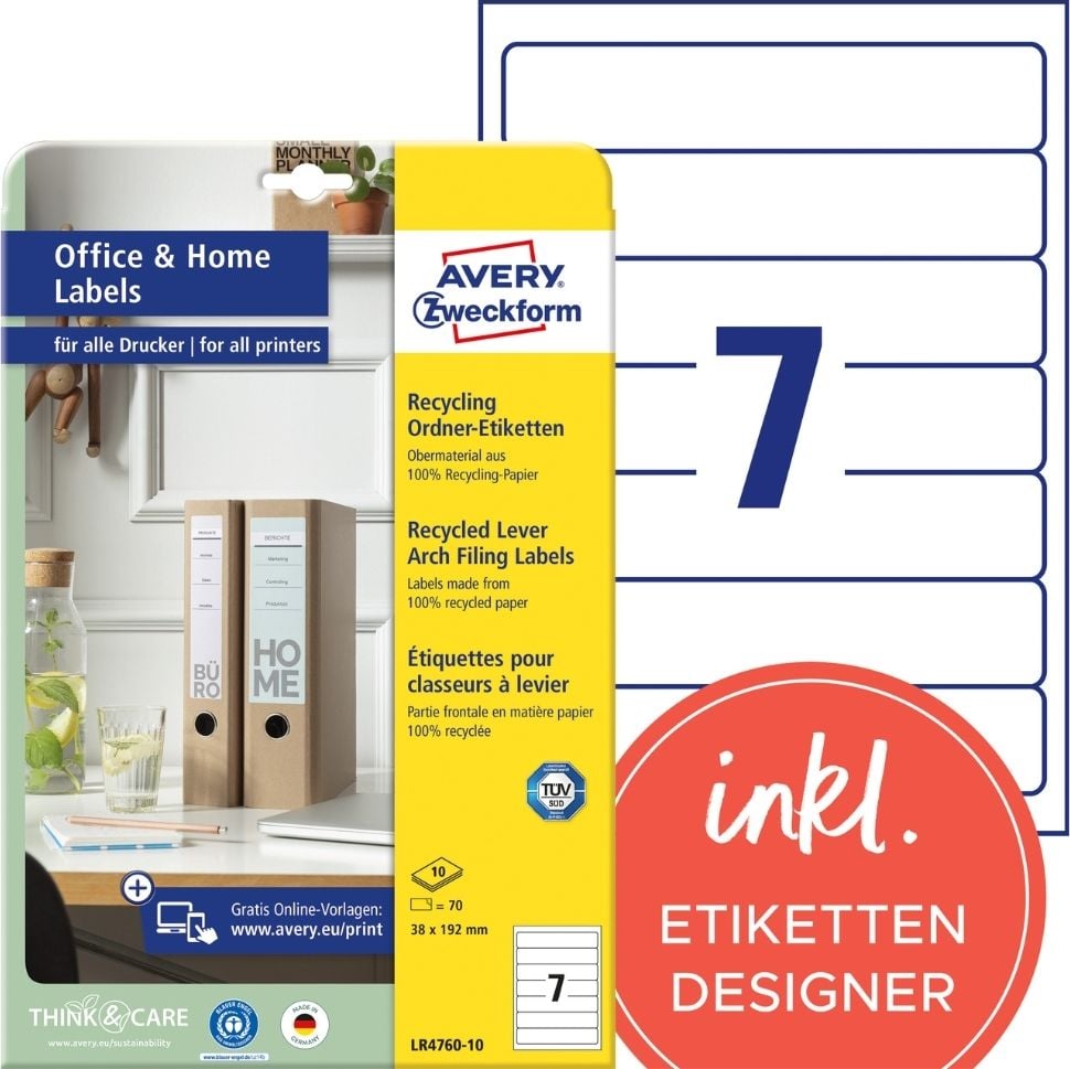 Rückenschilder Zweckform LR4760-10 Recycling, schmal/kurz 192x38mm, auf A4, naturweiß, Pack 10 Blatt/70 Stück