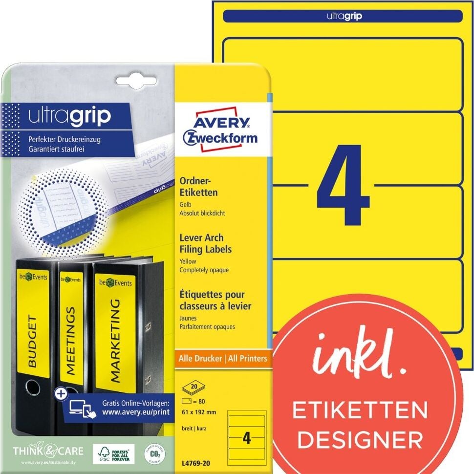 Rückenschilder Zweckform L4769-20 ultragrip, breit/kurz, 192x61mm, auf A4, gelb, Pack 20
Blatt/80 Stück