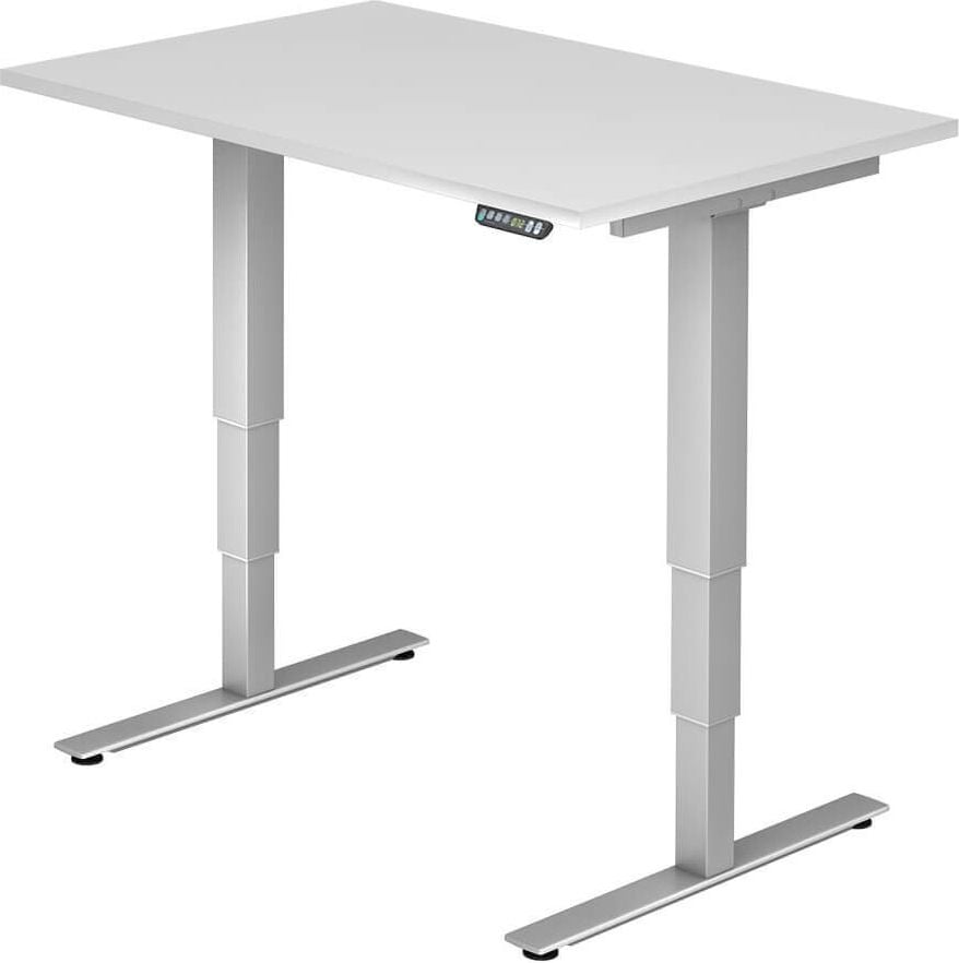 Hubschreibtisch Hammerbacher XDSM12/x/S, 120x80cm (BxT), 63-127cm Höhe, rechteckig, T-Fuß silber, weiß