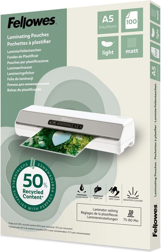 Laminierfolien Fellowes A5 POUCH 100143437, 216x154mm, 80 mic, matt, 50% Recyclinganteil, Pack 100 Stück