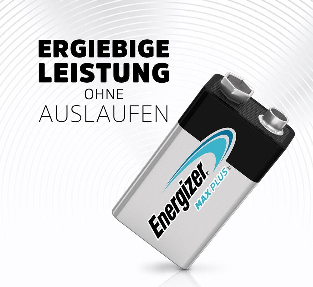 Batterien Energizer Max Plus E-Block (E), 9 V, mit Geräte-Auslaufschutz, bis zu 15 Jahre Leistungserhalt