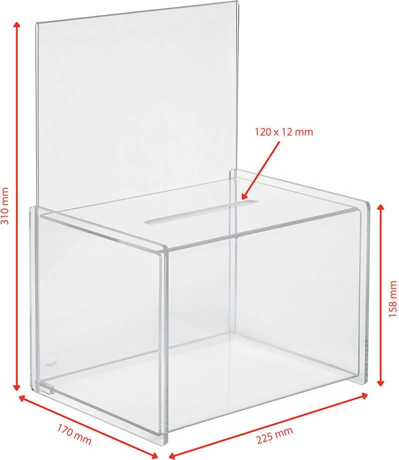 Aktionsboxen/Spendenboxen Sigel VA150, Einstecktafel für A4 hoch, Einwurfschlitz,
Acryl, glasklar