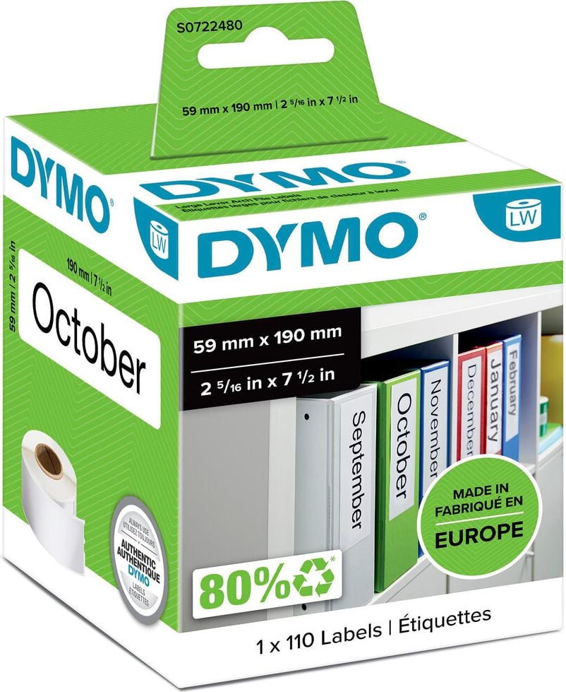 Rollen-Rückenschilder Dymo 99019/S0722480, breit, 59x190mm, Papier, weiß, permanent
haftend, Rolle 110 Etiketten