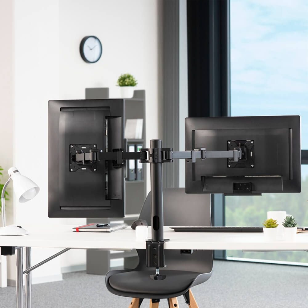 Monitorhalter Hama FULLMOTION Doppelarm 118494, 2 Arme, Tragfähigkeit bis zu 15 kg pro
Schwenkarm, höhen- und tiefenverstellbar,
Klemmhalterung, schwarz